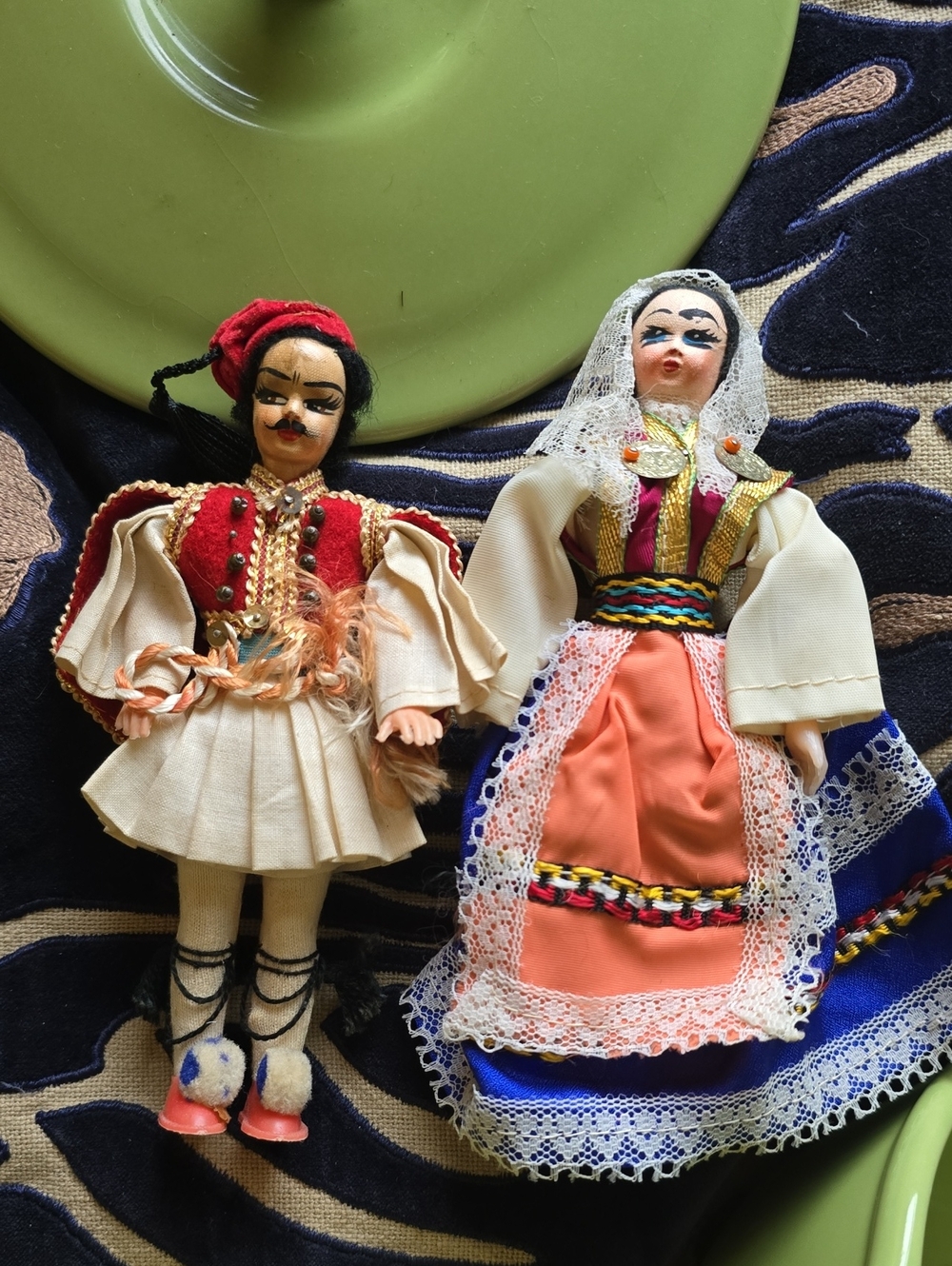 Traditional Greek Folk Costume Couple 2 Dolls Souvenir Hand Made Colorful 60s